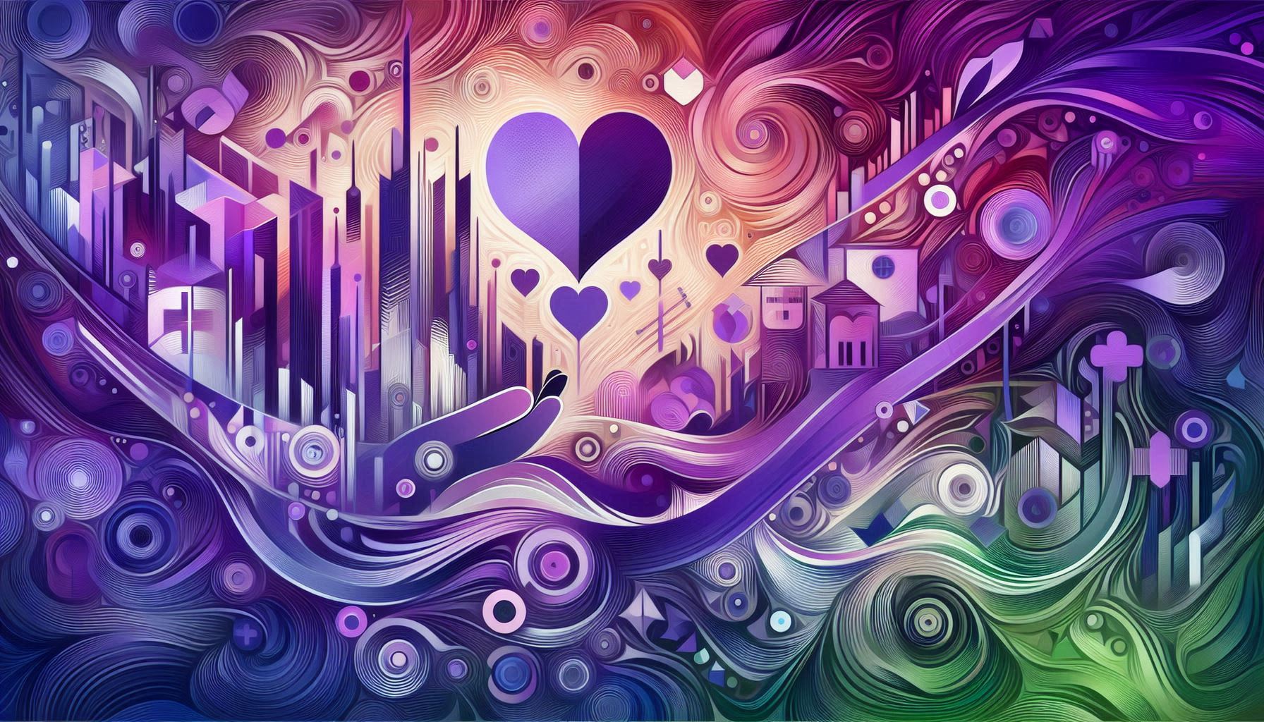 Abstract Image Featuring hearts and buildings with hands in purple and green with orange sky.